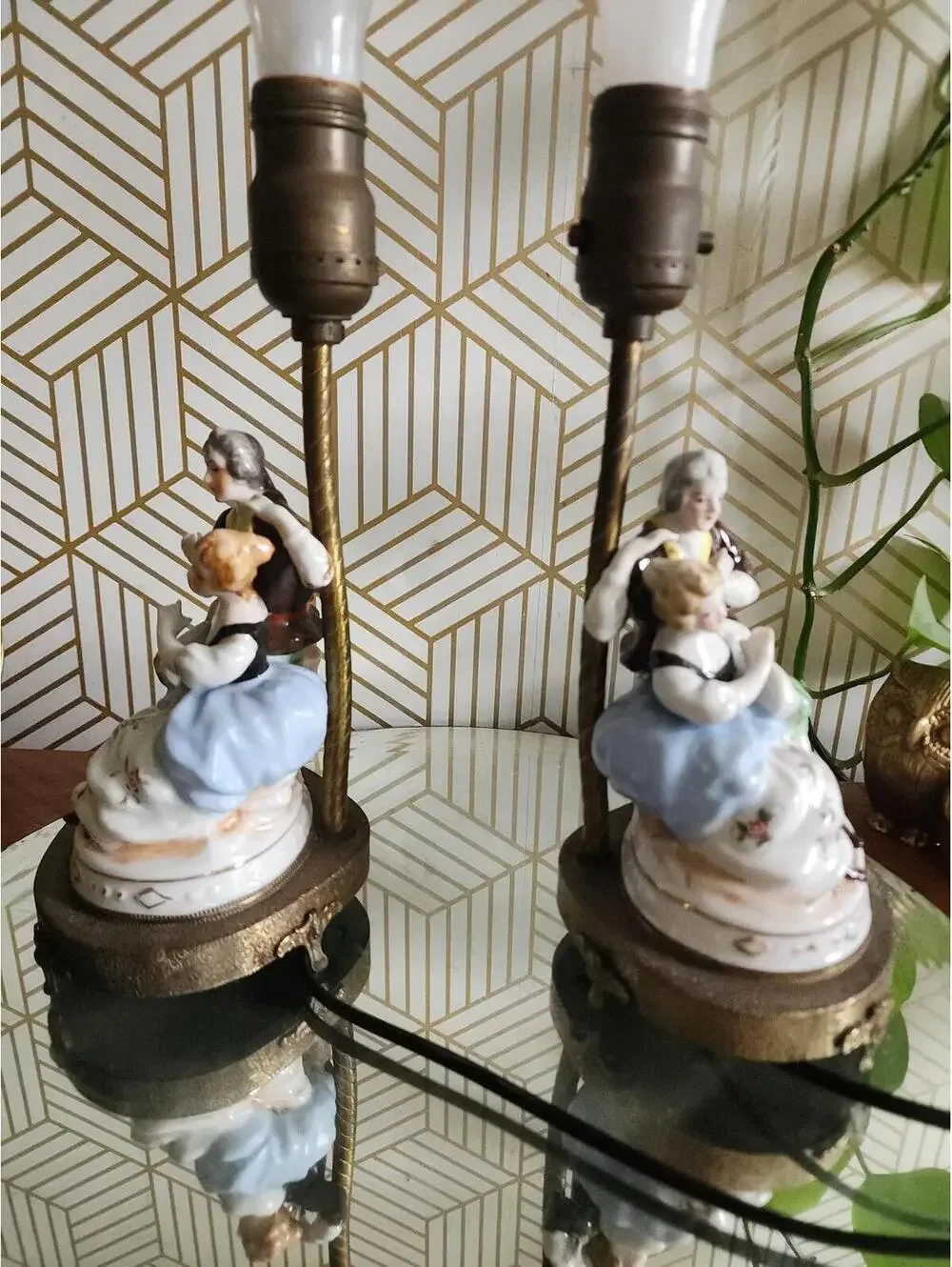 Vintage 1940s Pair of Porcelain Colonial Figural Lamps on Ornate Brass Bases